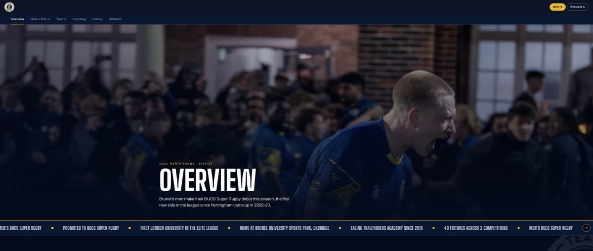 The Team Brunel website, showing its men's rugby overview page
