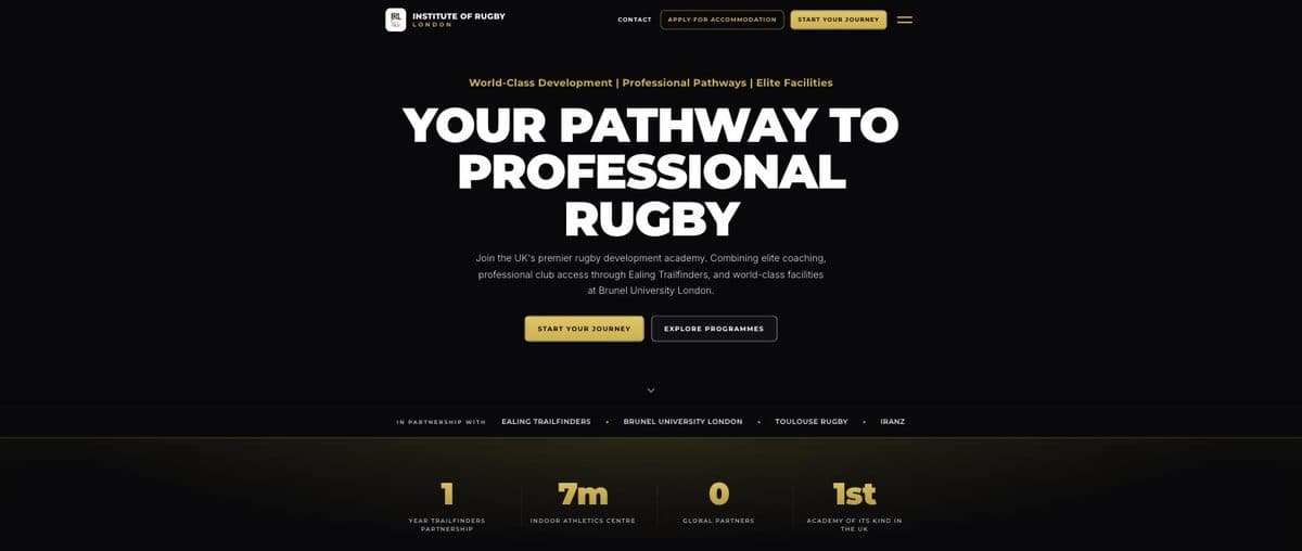 The Institute of Rugby London website, showing its home page